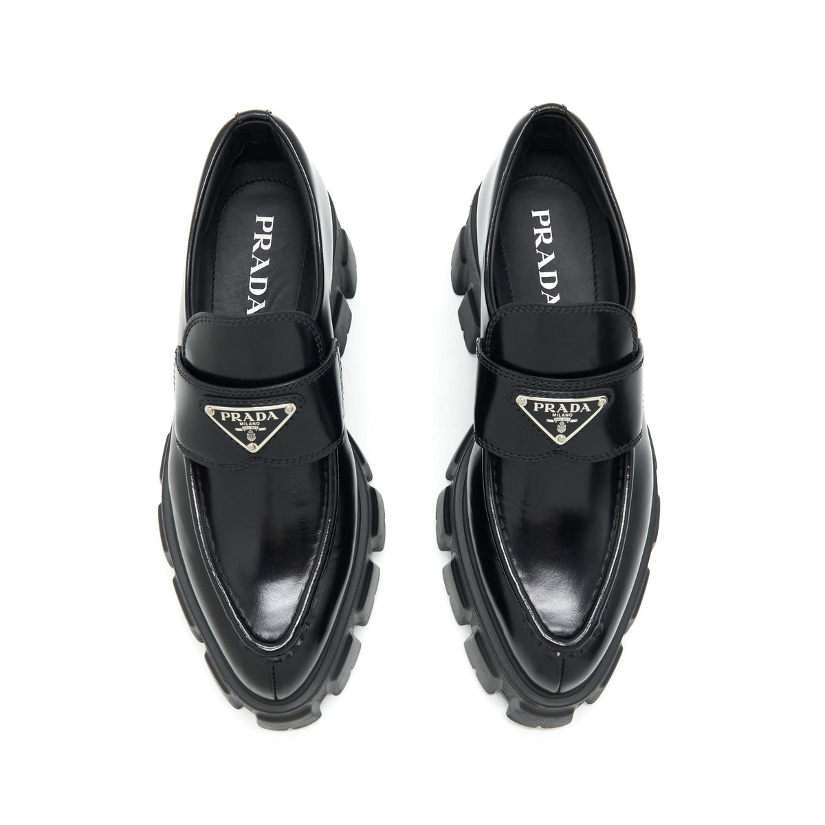 PRADA MONOLITH BRUSHED LEATHER POINTED LOAFERS BLACK