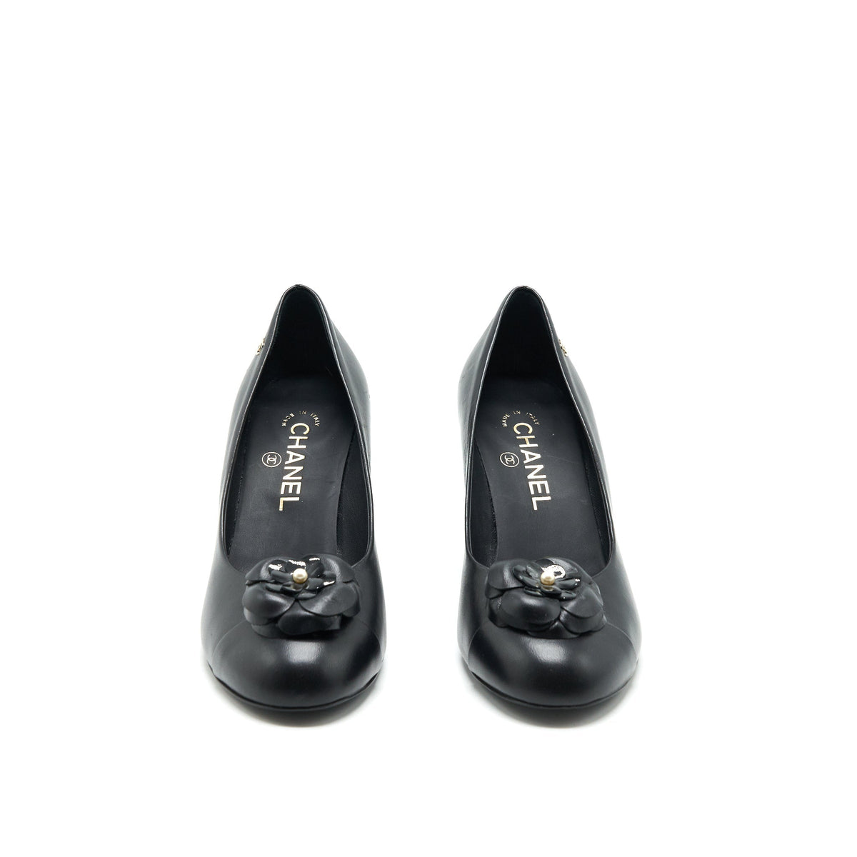 CHANEL C CAMELLIA HEELS BLACK