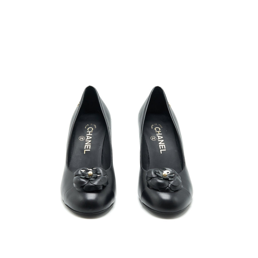 CHANEL C CAMELLIA HEELS BLACK