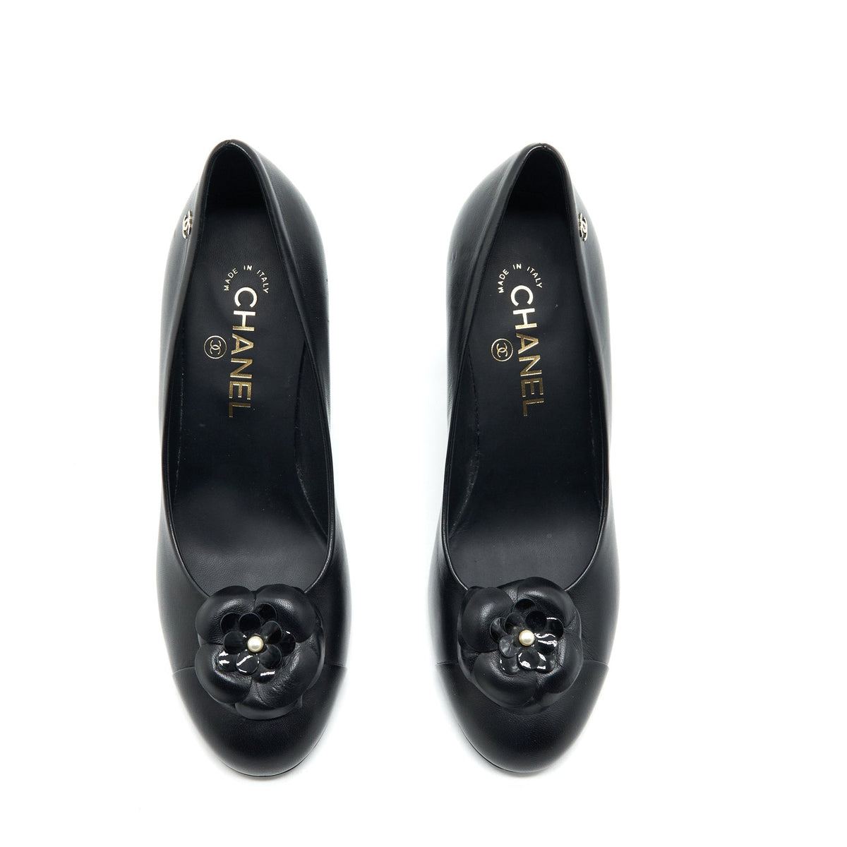 CHANEL C CAMELLIA HEELS BLACK