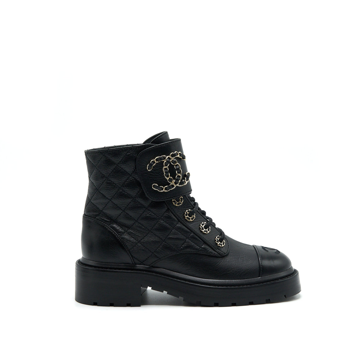 CHANEL LEATHER LACE UP BOOTS BLACK