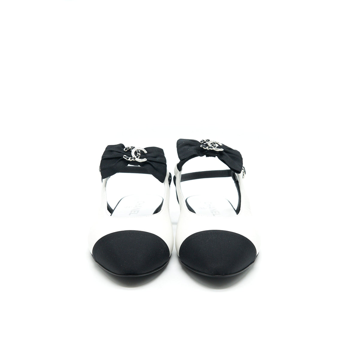 CHANEL SLINGBACK FLATS WITH RIBBONS WHITE AND BLACK