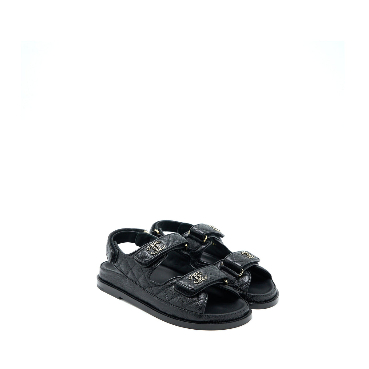 CHANEL DAD SANDALS LEATHER BLACK LIGHT GOLD TONE