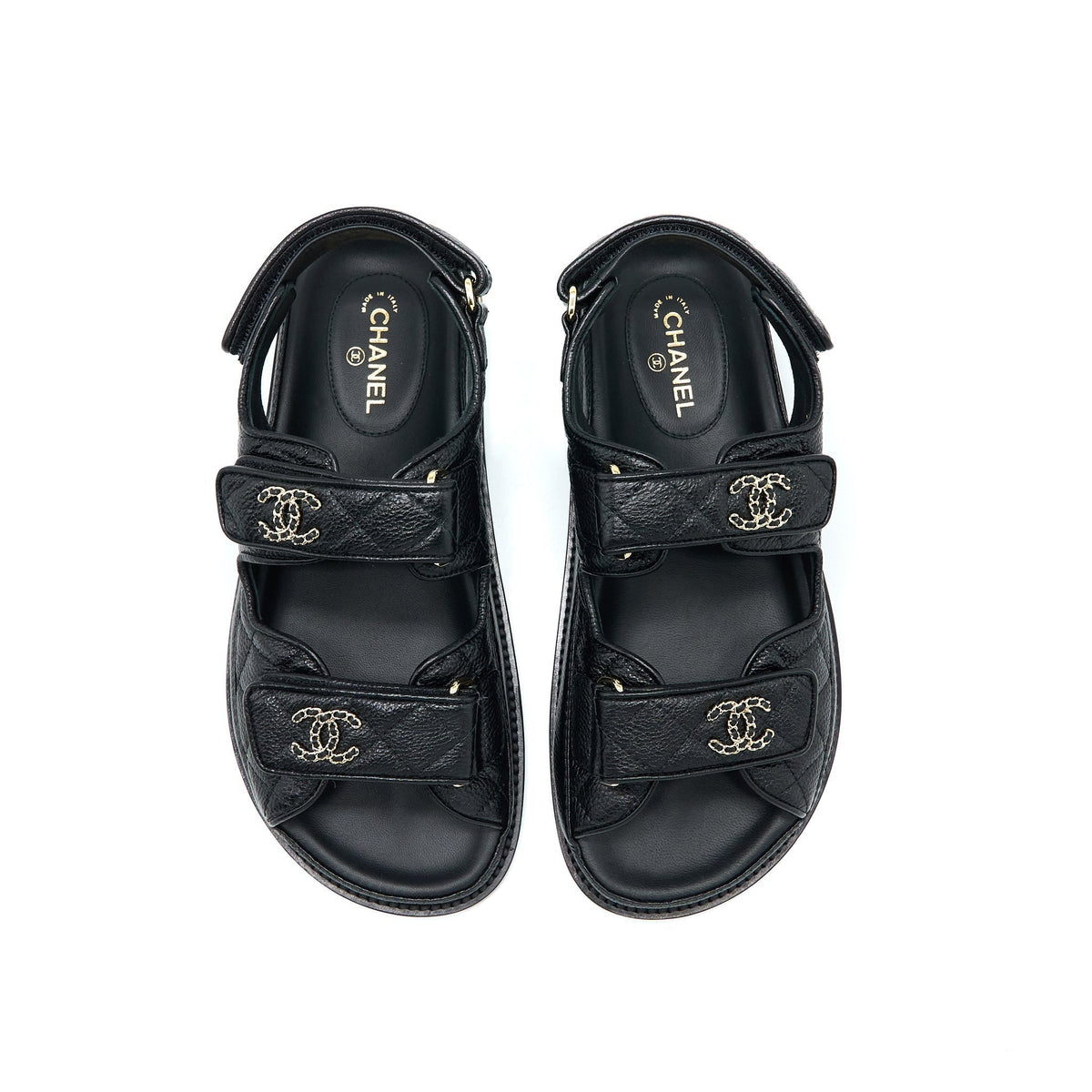 CHANEL DAD SANDALS LEATHER BLACK LIGHT GOLD TONE