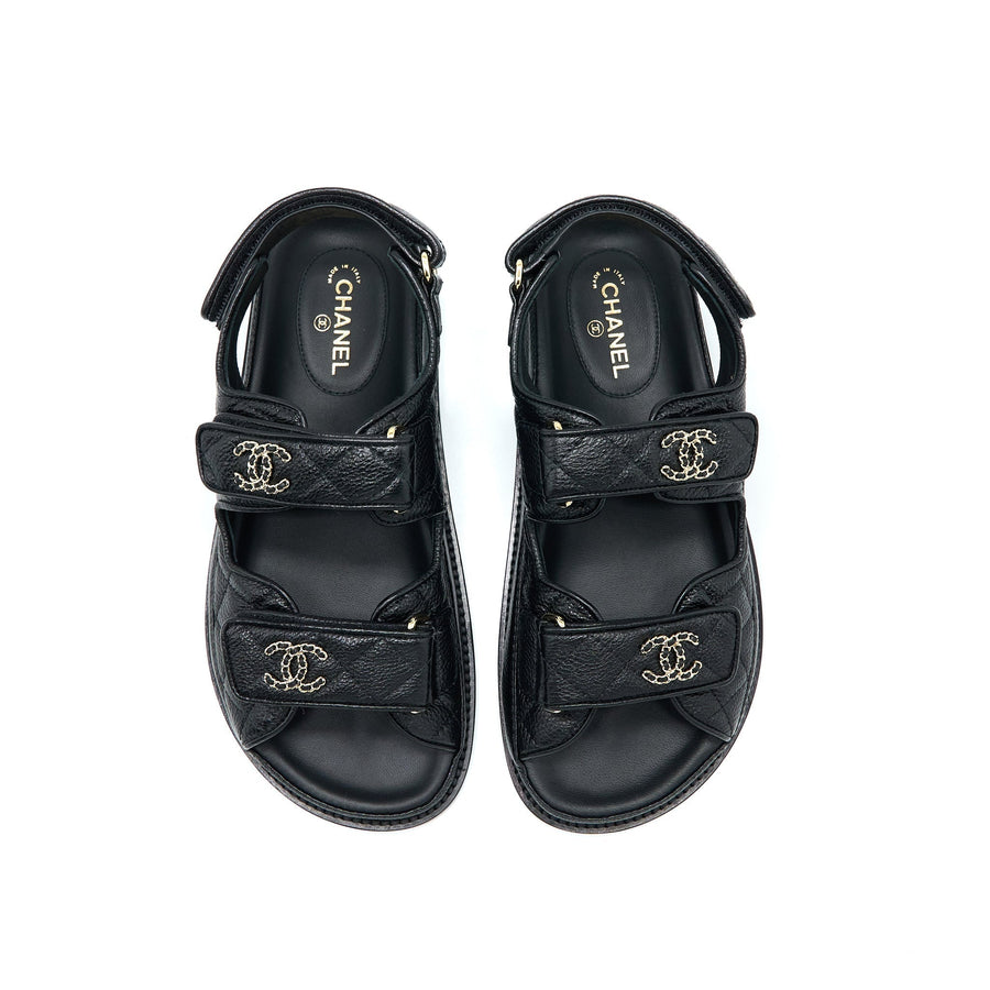 CHANEL DAD SANDALS LEATHER BLACK LIGHT GOLD TONE
