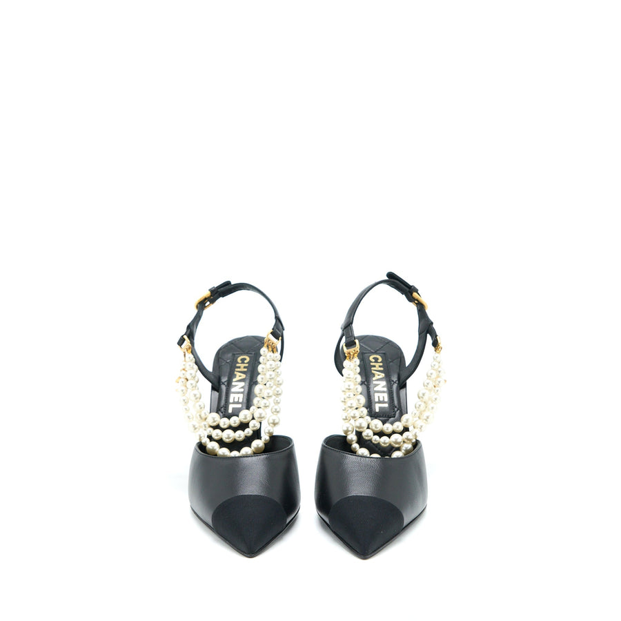 CHANEL HEEL WITH PEARL LEATHER/FABRIC BLACK GHW
