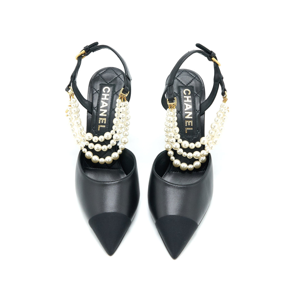 CHANEL HEEL WITH PEARL LEATHER/FABRIC BLACK GHW