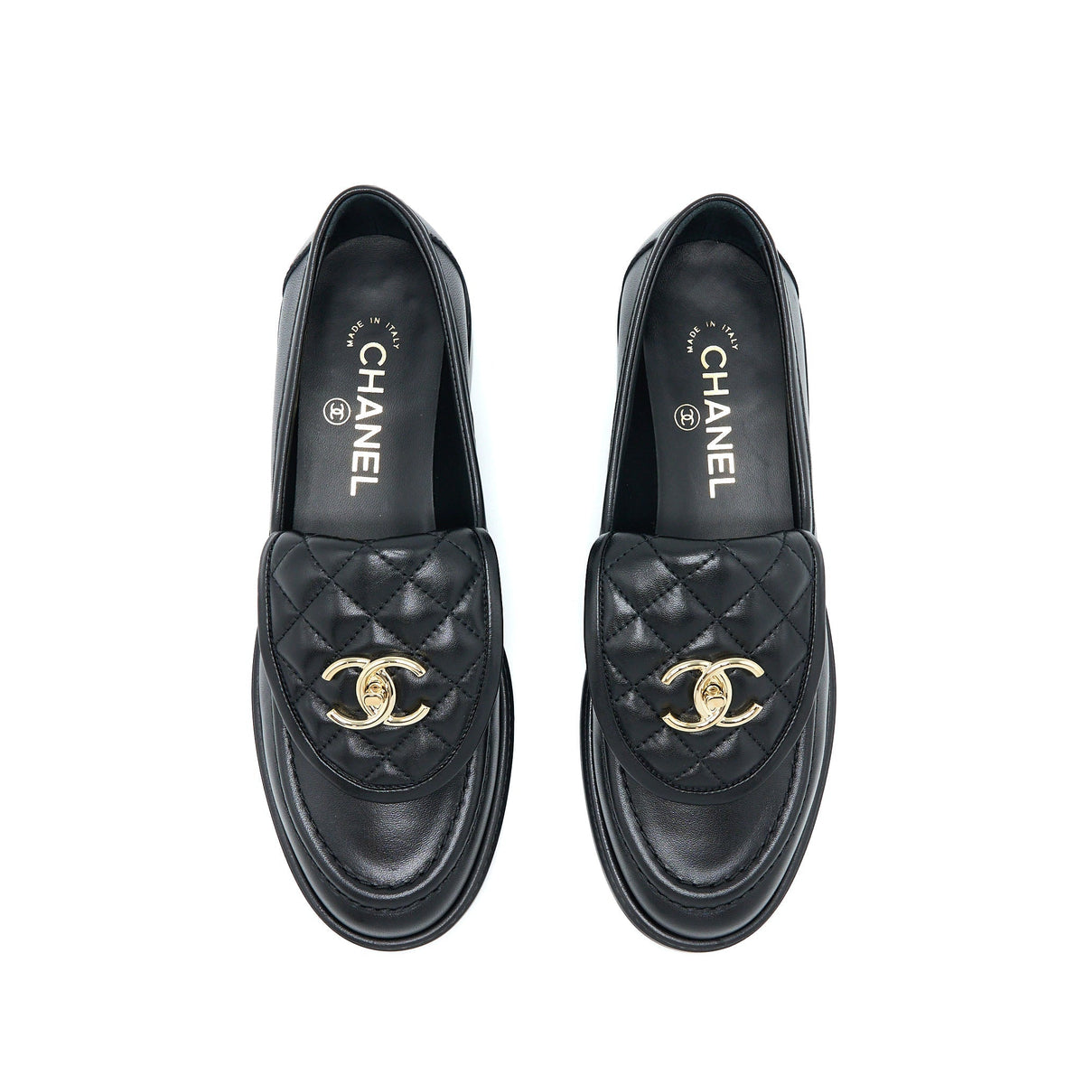 CHANEL CC TURNLOCK LOAFERS BLACK QUILTED LEATHER LGHW