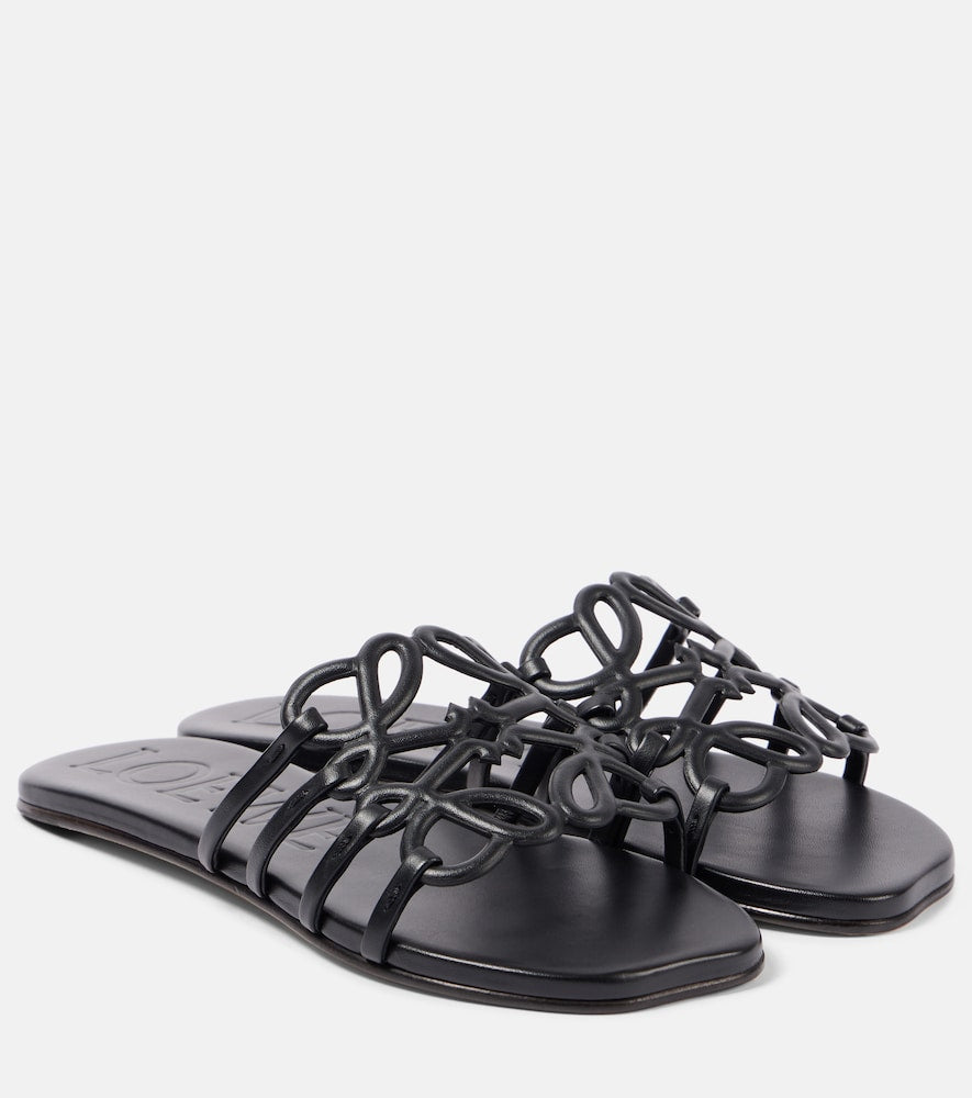 Loewe Petal Anagram Slide in Black Calfskin - side profile