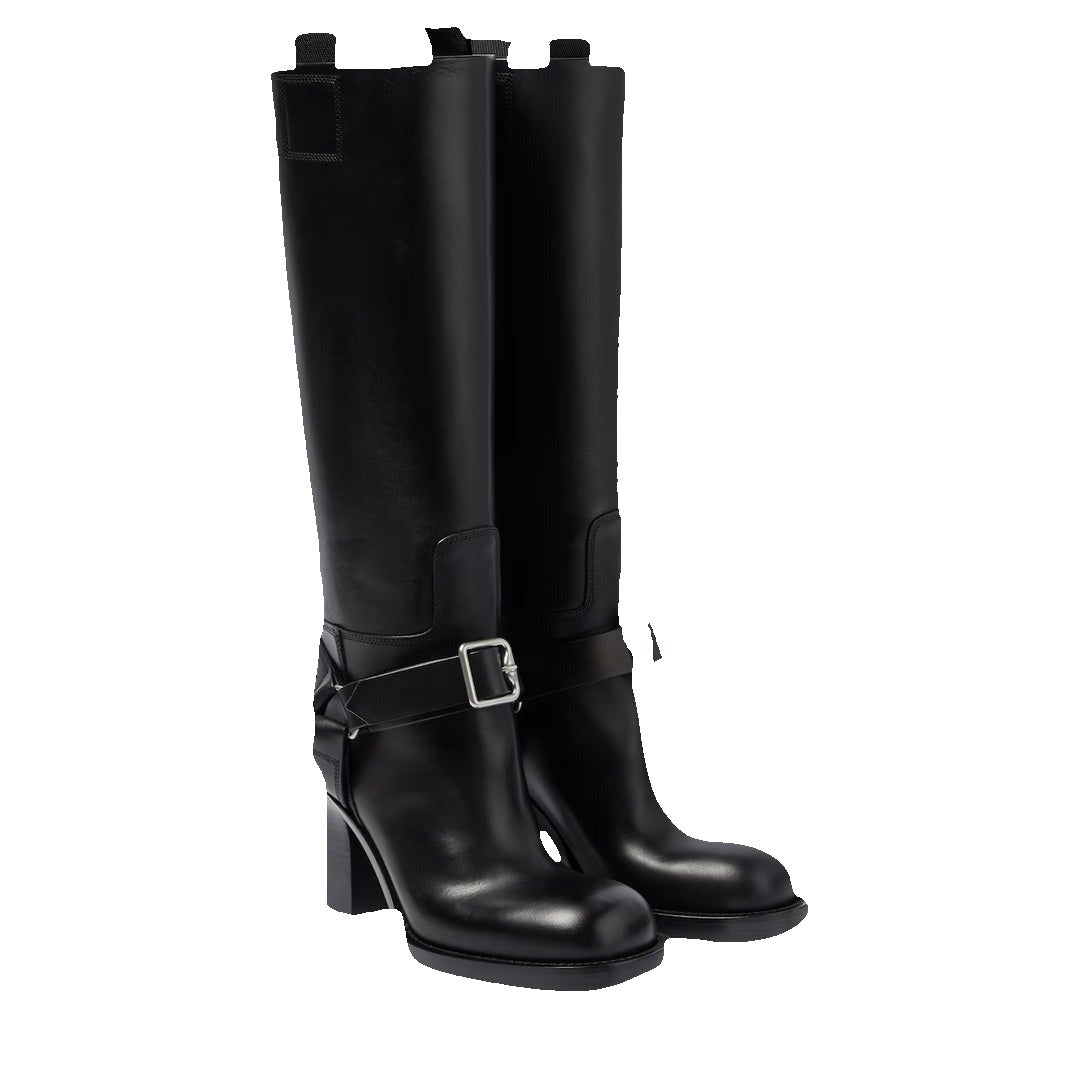 BURBERRY SADDLE KNEE-HIGH LEATHER BOOTS BLACK
