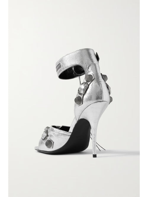 Balenciaga Cagole Embellished Metallic Crinkled-Leather Sandals