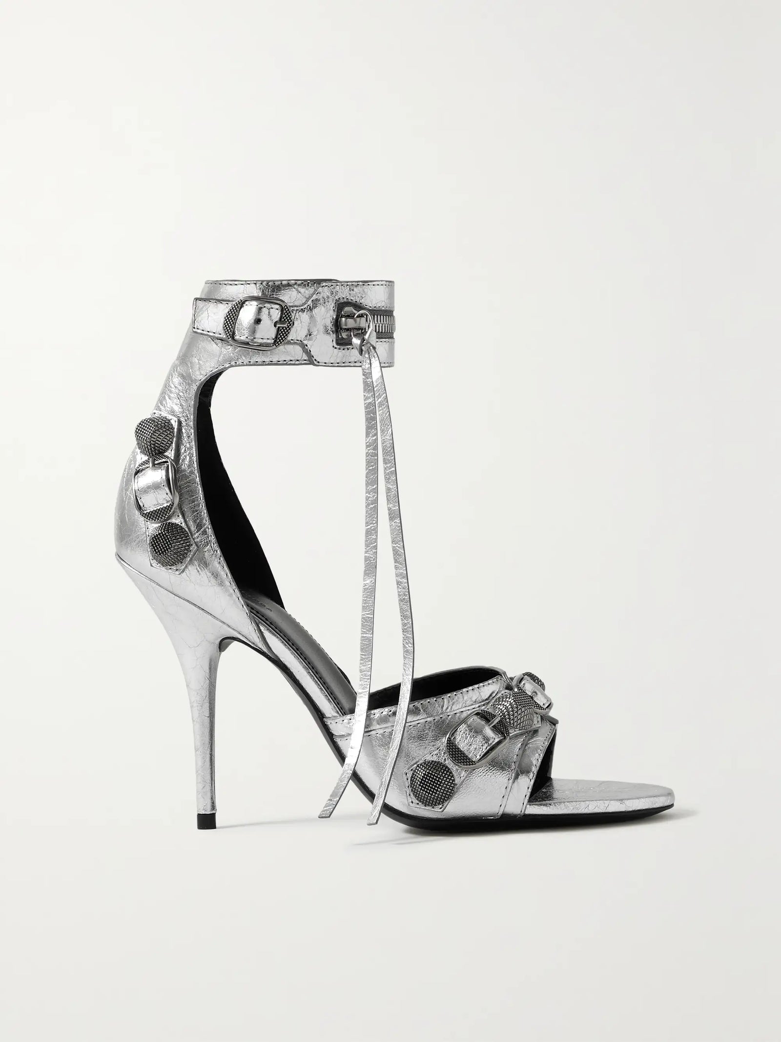 Balenciaga Cagole Embellished Metallic Crinkled-Leather Sandals