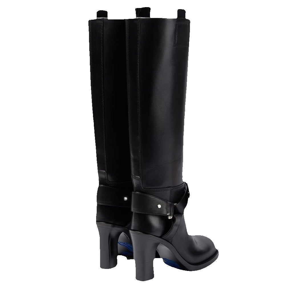 BURBERRY SADDLE KNEE-HIGH LEATHER BOOTS BLACK