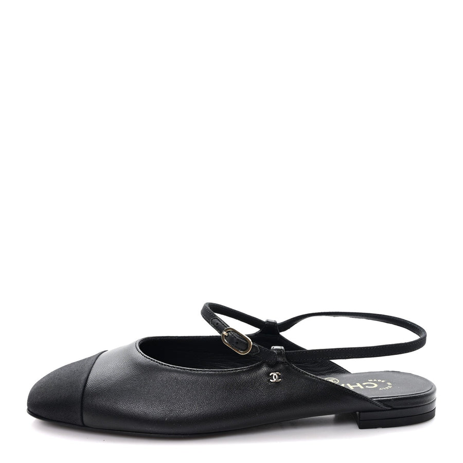CHANEL SATIN CRYSTAL LAMBSKIN GROSGRAIN BOW CC SLINGBACK FLATS BLACK SLINGBACK WITH PEARLS
