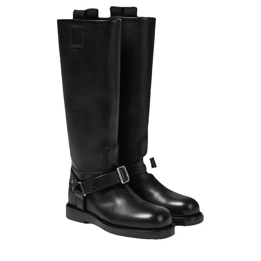BURBERRY SADDLE KNEE-HIGH LEATHER BOOTS BLACK