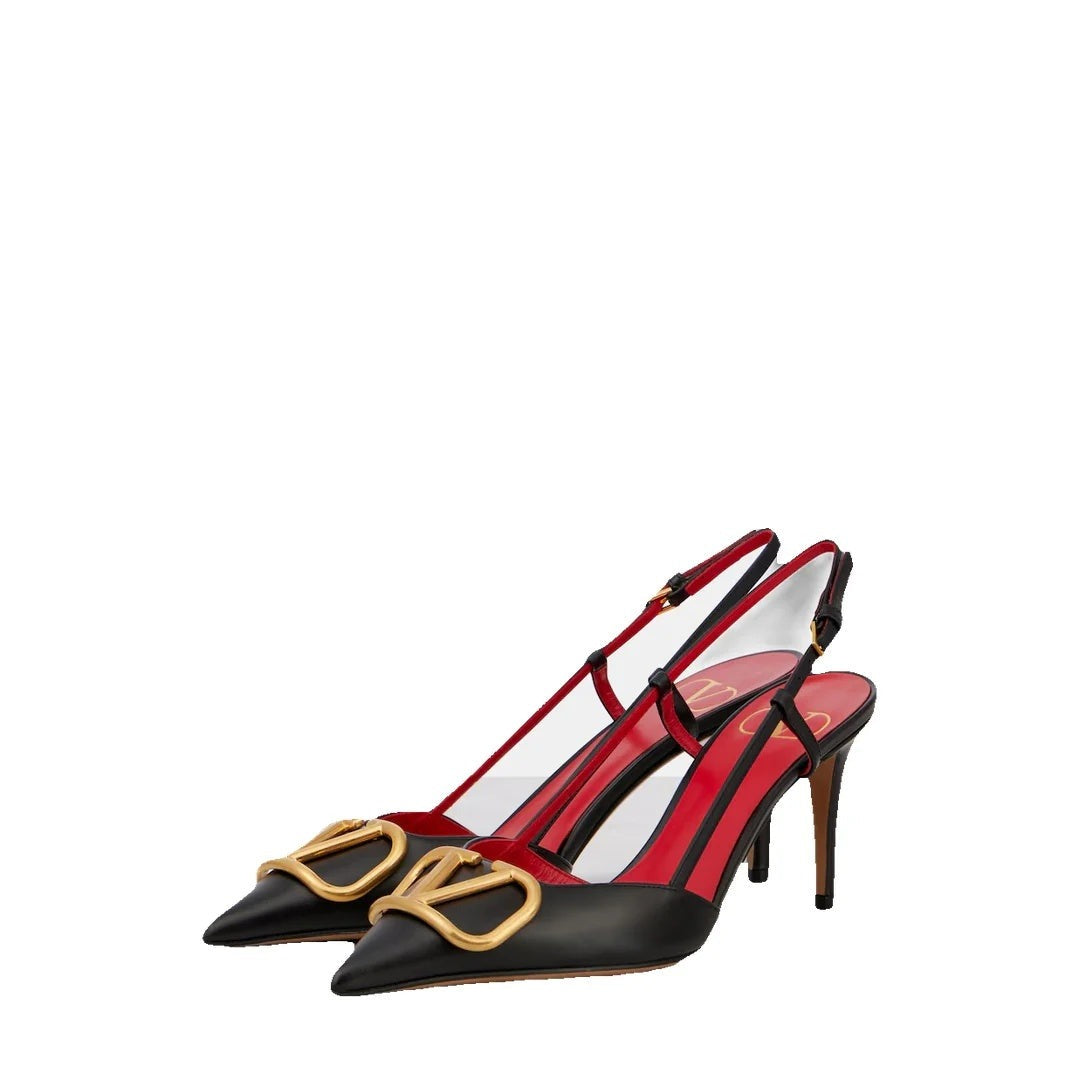 VALENTINO GARAVANI VLOGO SIGNATURE LEATHER SLINGBACK PUMPS BLACK & RED