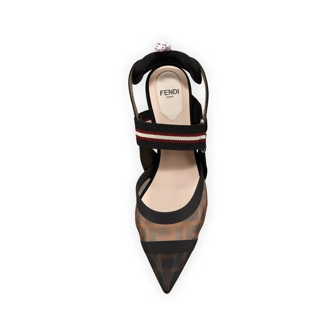 FENDI 85MM COLIBRÌ EMBELLISHED MESH SLINGBACK PUMPS METALLIC BLACK & BROWN