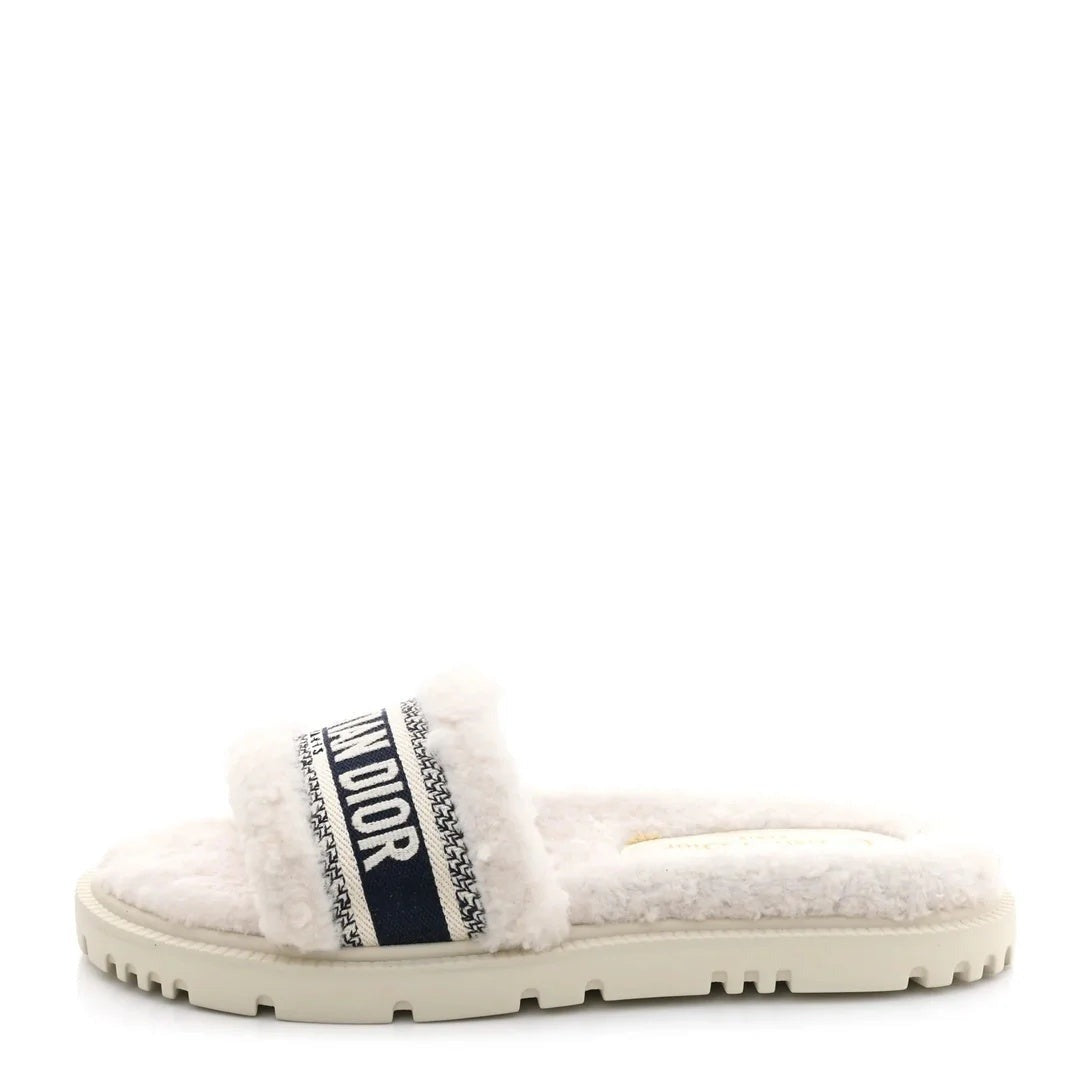CHRISTIAN DIOR CANVAS EMBROIDERED DWAY MULE SLIDE SANDAL WHITE SHEARLING