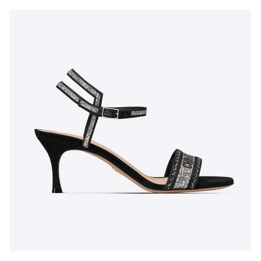 CHRISTIAN DIOR COTTON STRASS EMBROIDERED D-WAY HEELED SANDAL BLACK SILVER