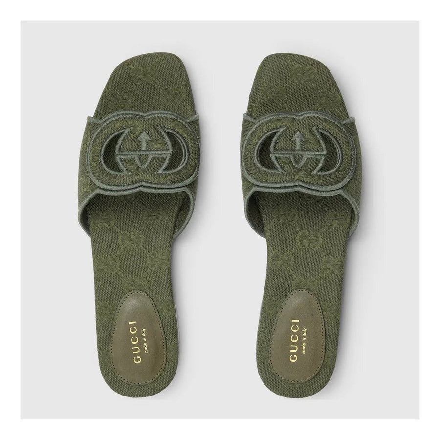 Gucci Jane Embroidered Cotton Flat Slide Sandals Green