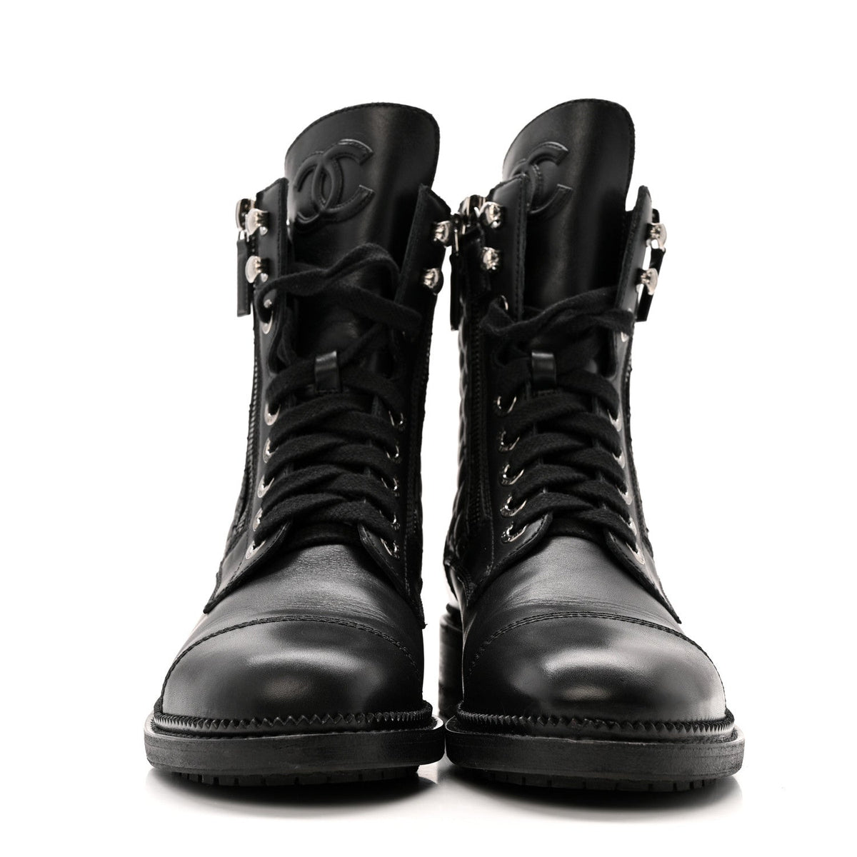 CHANEL QUILTED LACE UP COMBAT BOOTS CALFSKIN BLACK SHW