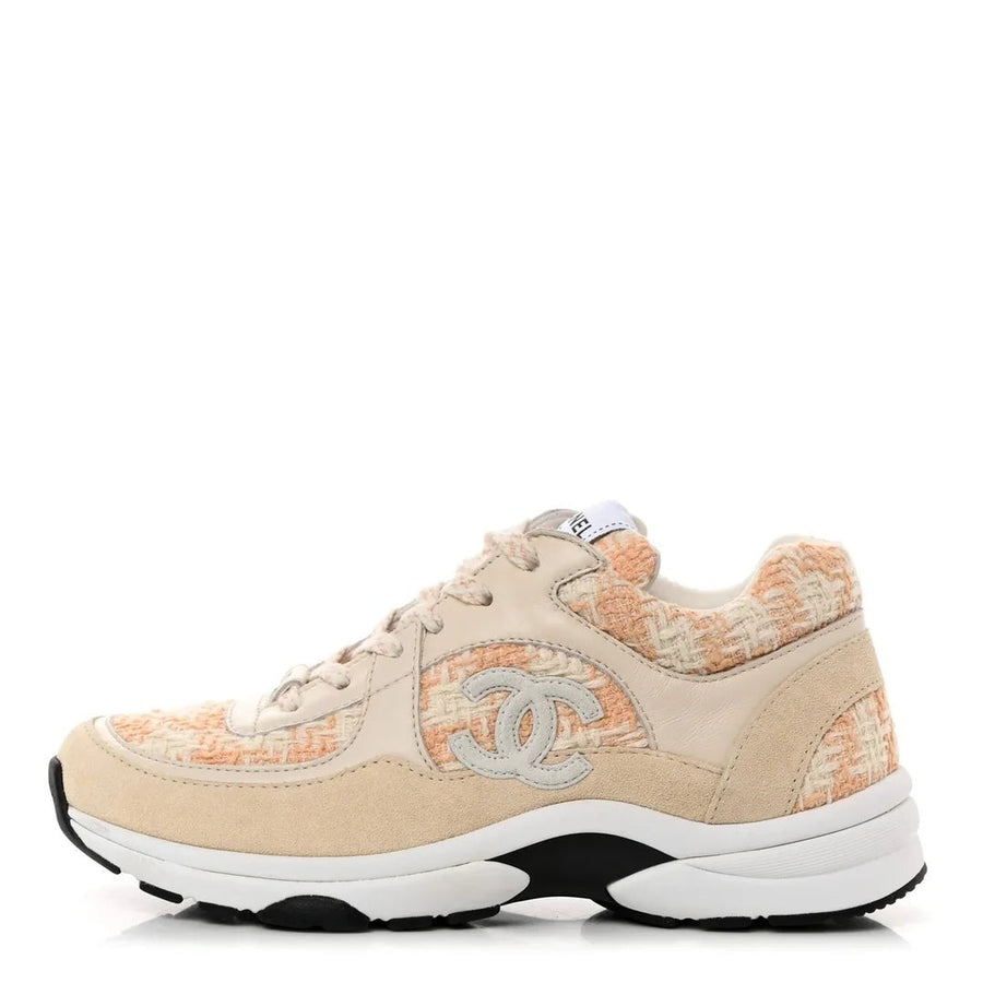 CHANEL TWEED SUEDE CALFSKIN CC SNEAKERS ECRU PINK RED BEIGE & ORANGE