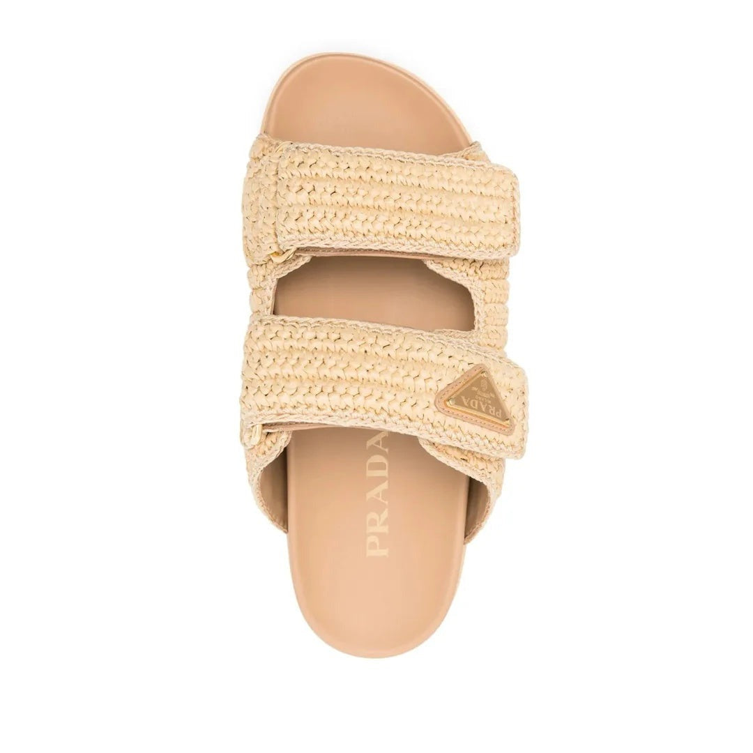 PRADA NAPPA METAL TRIANGLE LOGO FLAT SLIDE SANDALS TRAVERTINO BEIGE & NATURAL RAFFIA