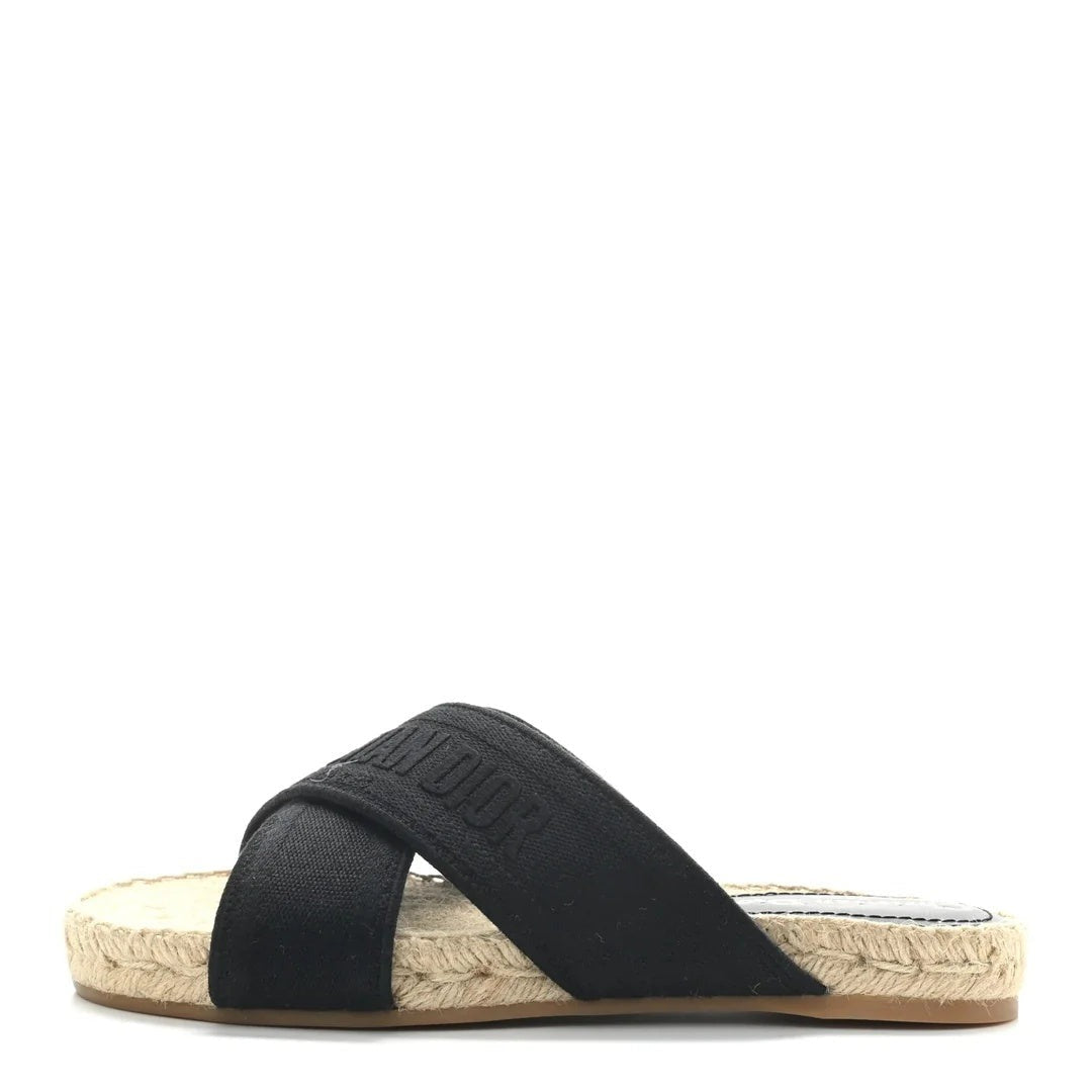 CHRISTIAN DIOR CANVAS EMBROIDERED DWAY MULE SLIDE SANDAL BLACK & NAVY