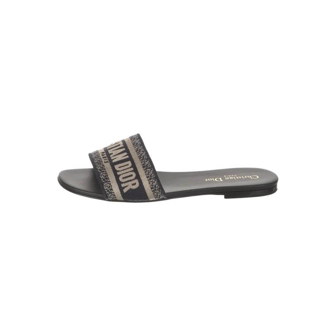 CHRISTIAN DIOR CANVAS EMBROIDERED DWAY MULE SLIDE SANDAL BLACK & NAVY
