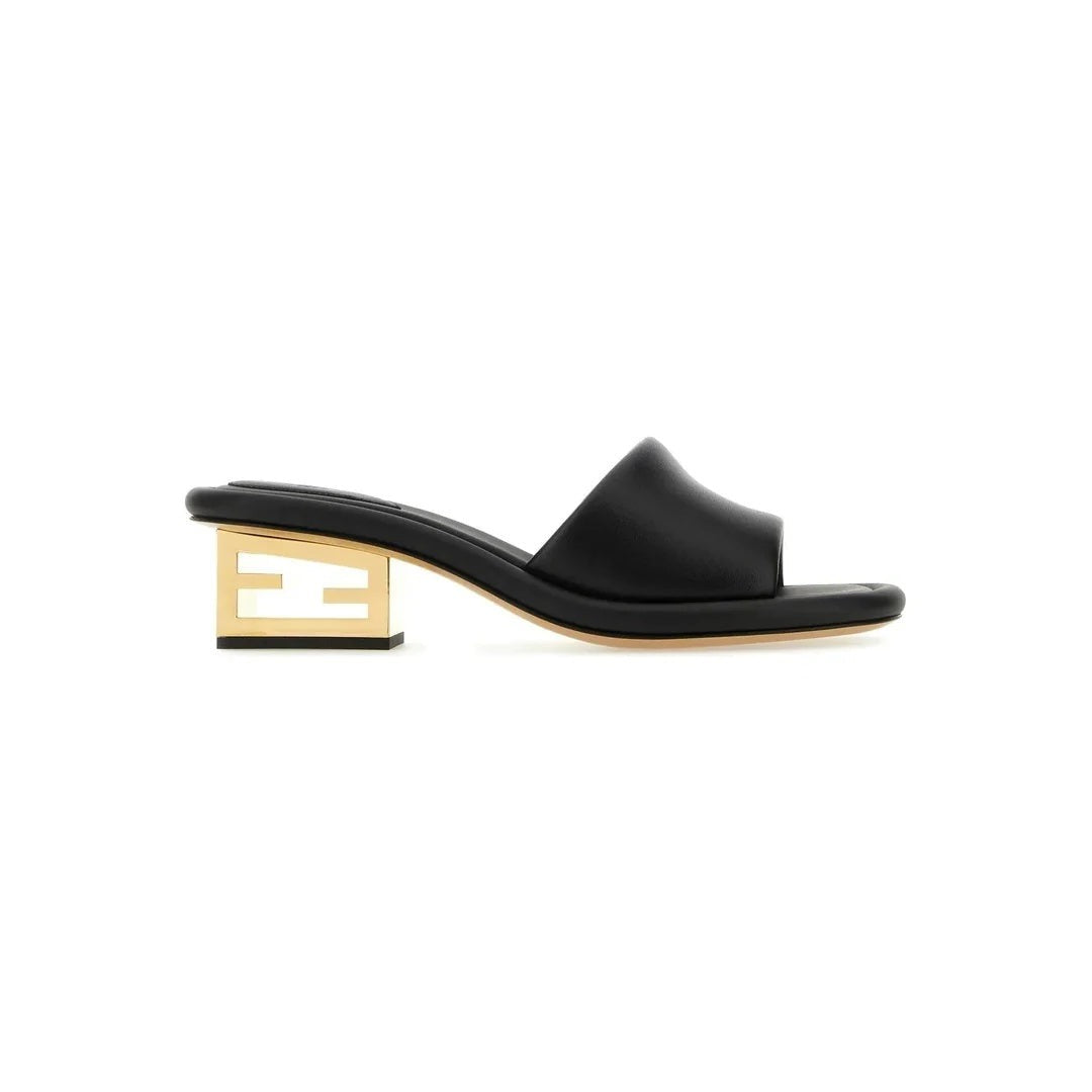 FENDI 45MM BAGUETTE METALLIC LEATHER MULES BLACK
