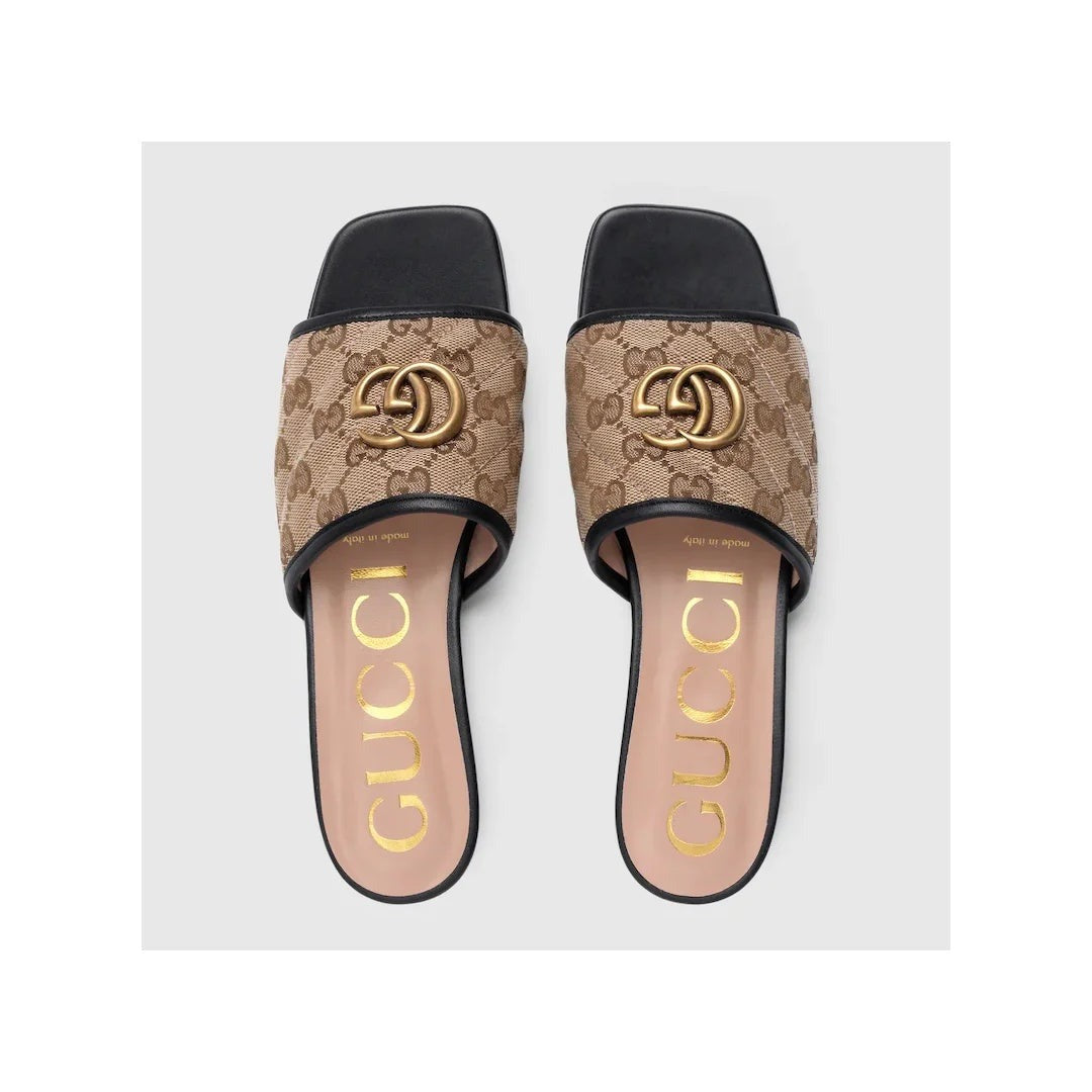 Gucci Canvas Logo Slide Sandals Beige & Brown