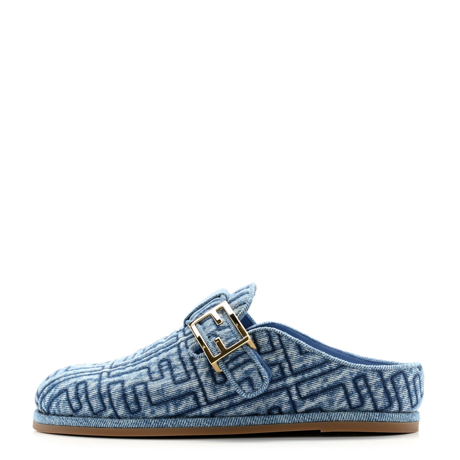 Fendi Feel FF Buckled Mule in Blue Denim Jacquard - side profile