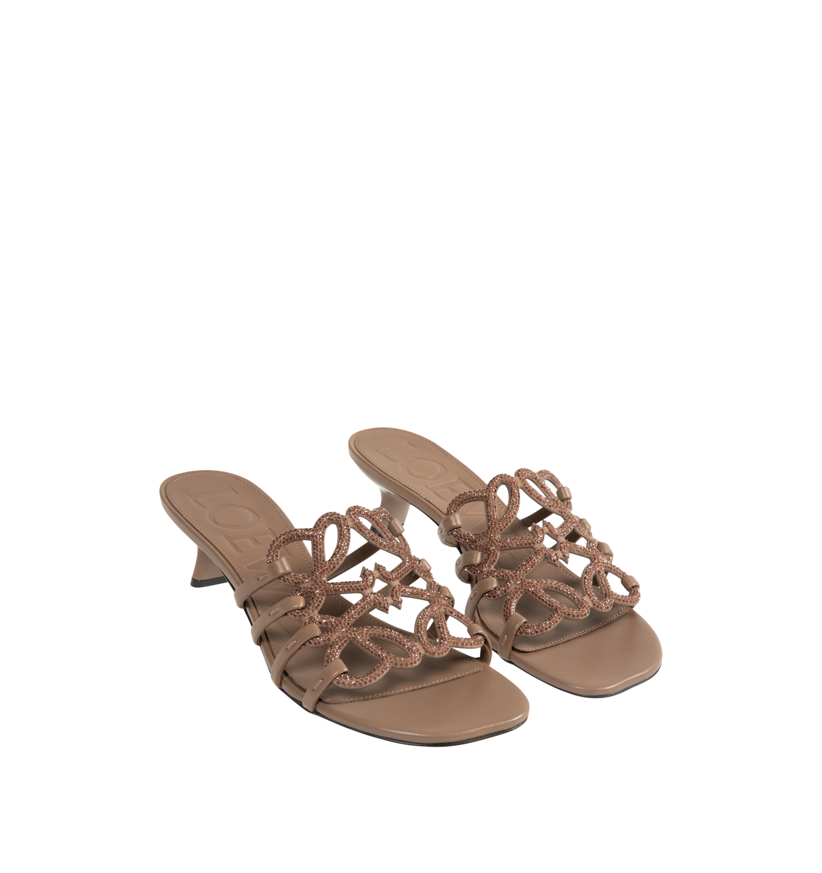 Loewe Petal Anagram Slide in Beige Rhinestone Suede - three quarter