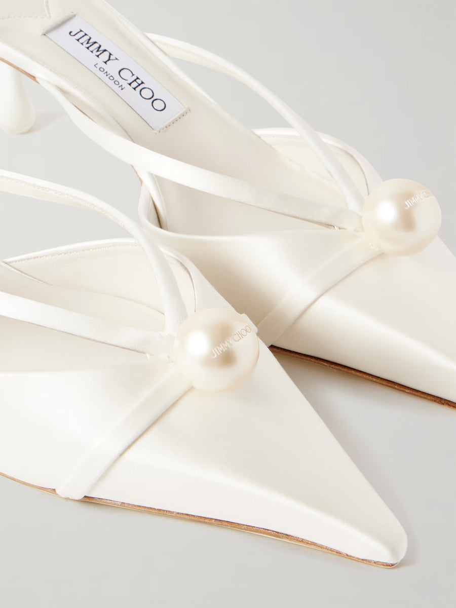 Jimmy Choo Sana 50 Faux Pearl-Embellished Satin Mules