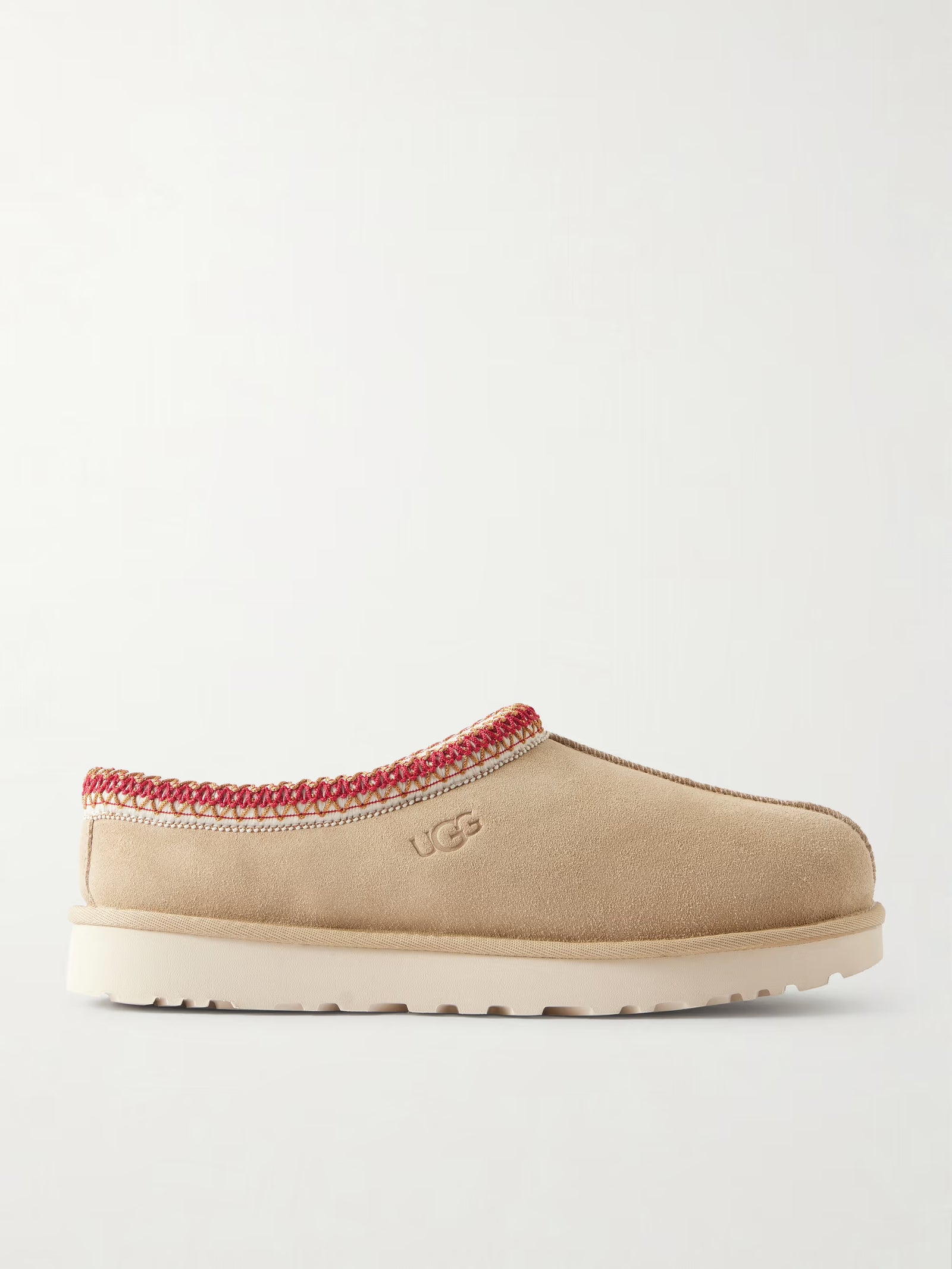 Tasman II Shearling-Lined Embroidered Suede Slippers Beige