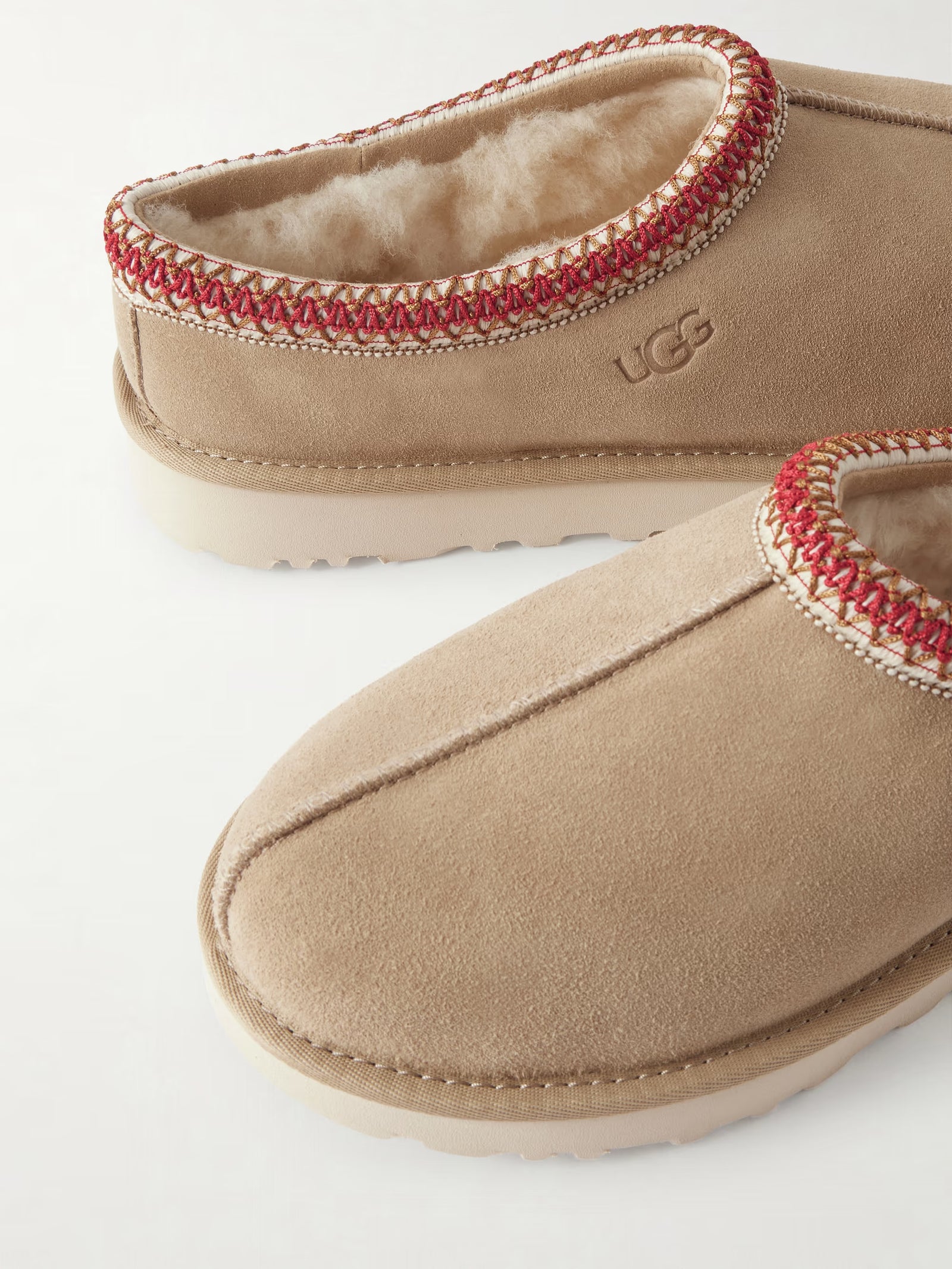 Tasman II Shearling-Lined Embroidered Suede Slippers Beige