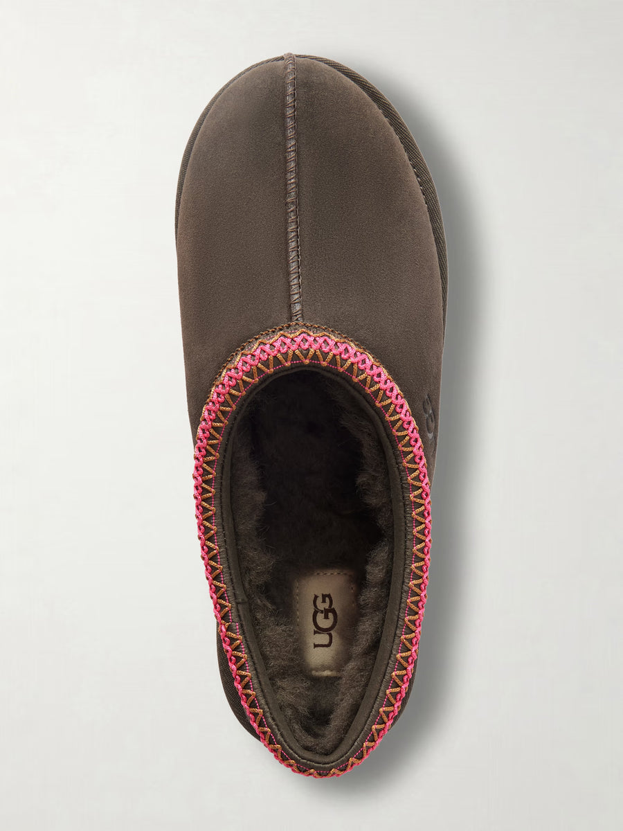 Tasman II Shearling-Lined Embroidered Suede Slippers Charcoal