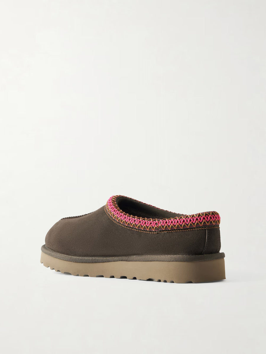 Tasman II Shearling-Lined Embroidered Suede Slippers Charcoal