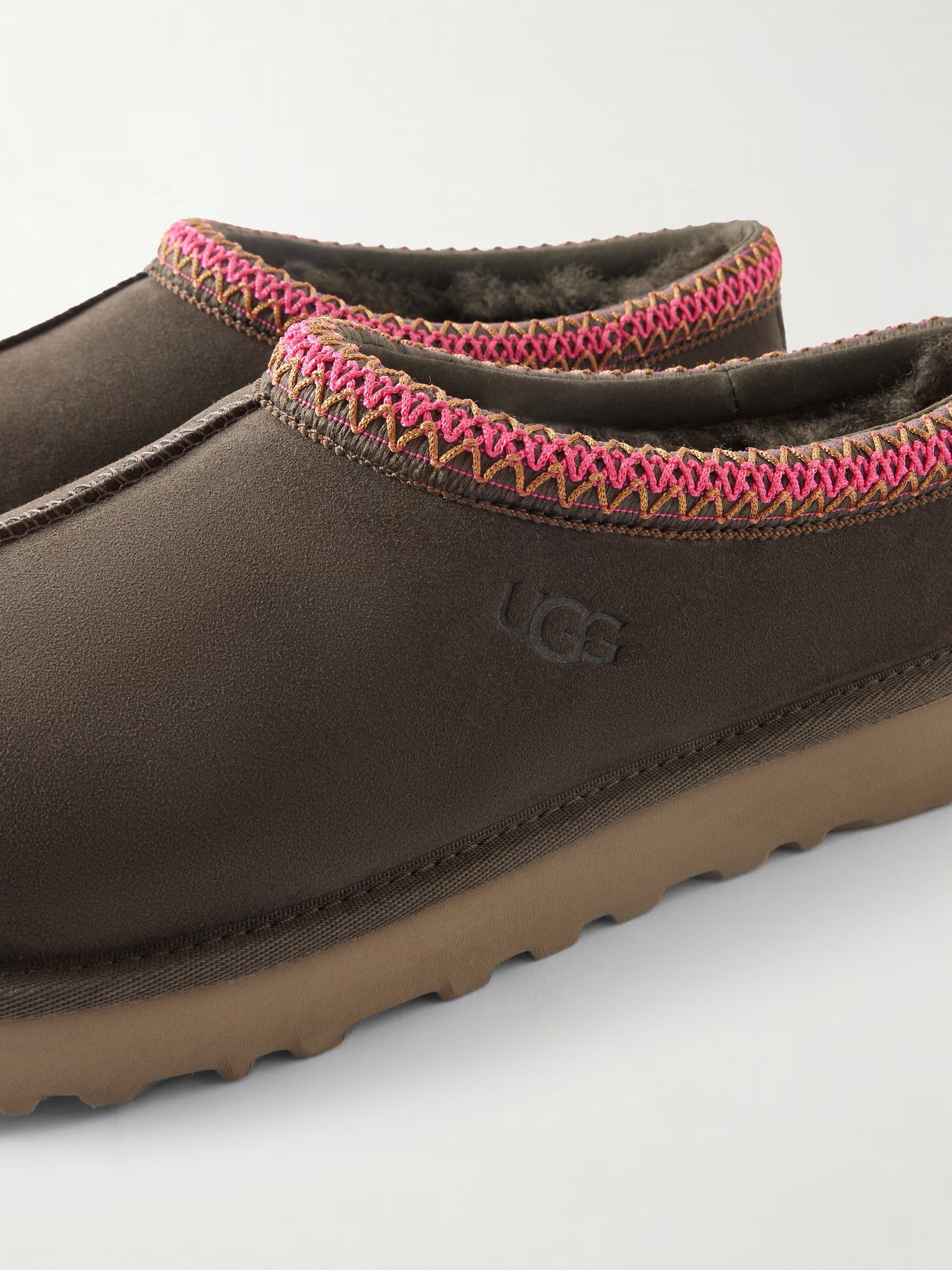 Tasman II Shearling-Lined Embroidered Suede Slippers Charcoal