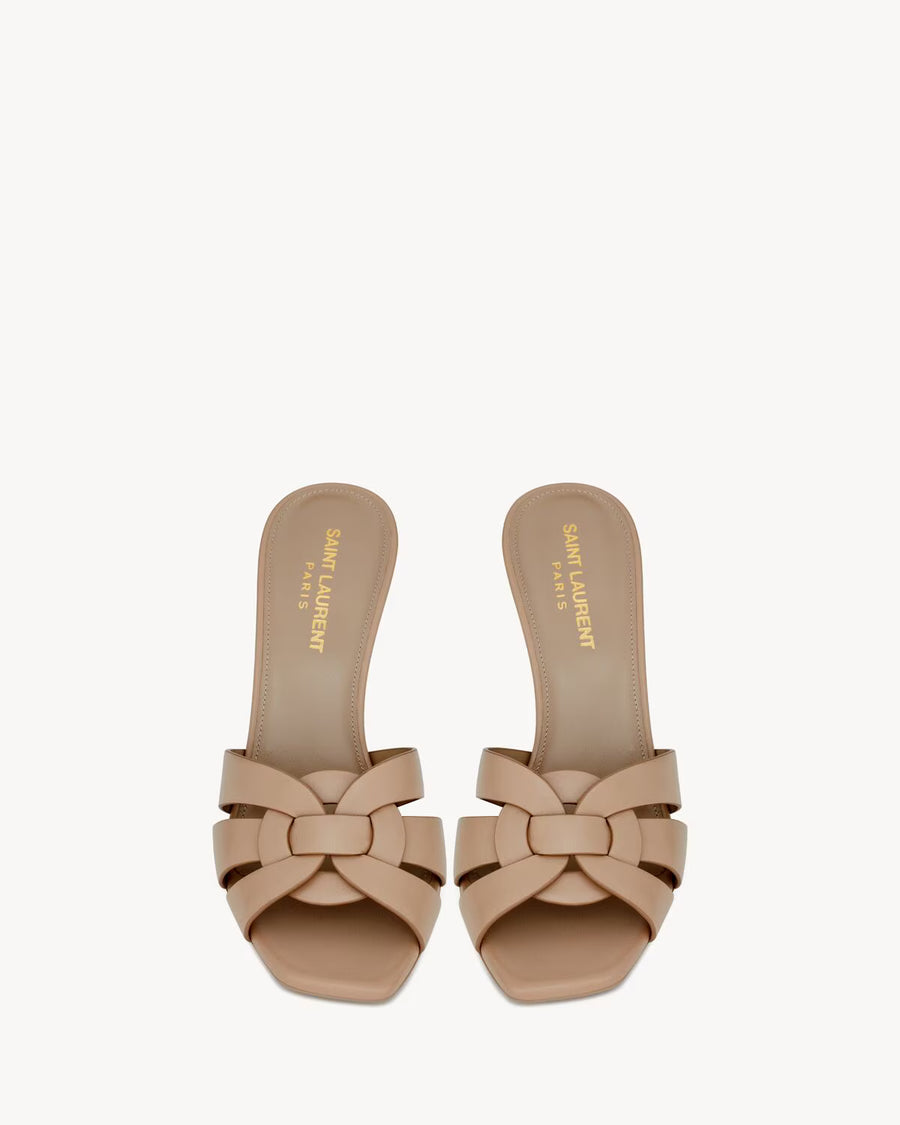 YSL Tribute Mules in Smooth Leather Dark Beige
